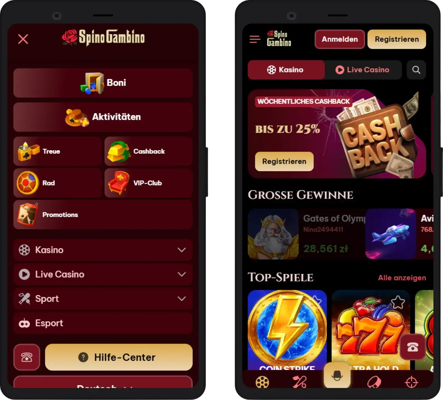 Spinogambino Casino mobile Version auf dem Smartphone