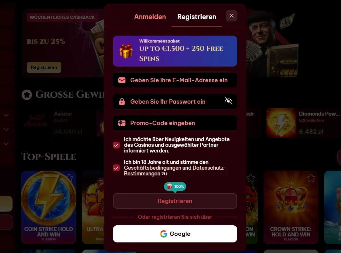 Spinogambino Casino Registrierung und Anmeldung
